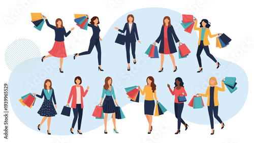 Collection of stylish women in various trendy outfits holding colorful shopping bags after a successful day of retail therapy and fashion.