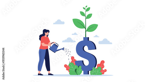 Young woman watering a large blue dollar sign from which a green plant is growing representing financial growth and investment success.
