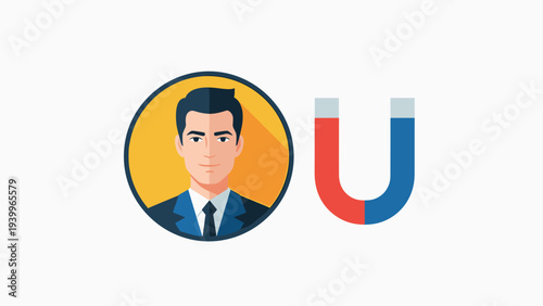 Professional businessman avatar icon placed next to a red and blue horseshoe magnet representing lead generation and customer attraction.