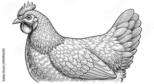 Hand drawn illustration of a chicken in black and white