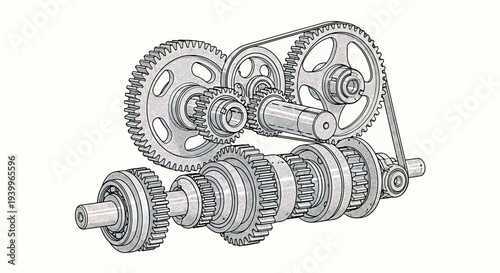 Technical sketch of a complex gear transmission system with chain drive