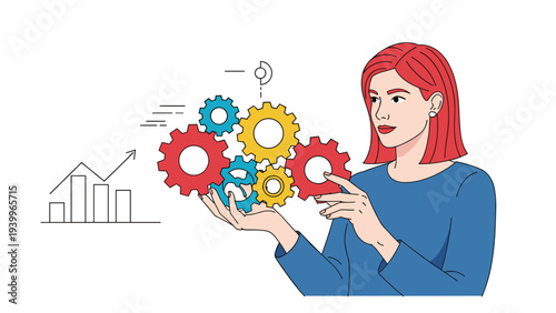 Focused woman managing complex tasks by holding and adjusting several colorful interlocking gears symbolizing mechanical logic.