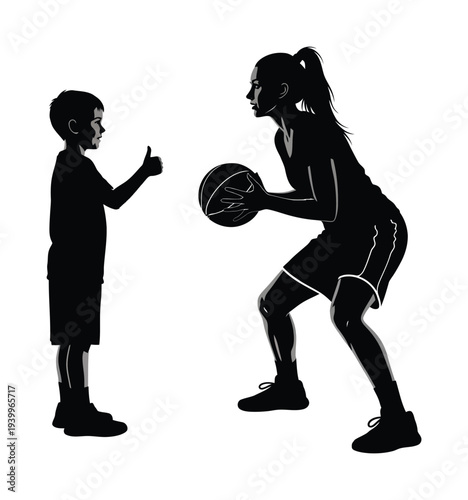 Vector silhouette of a woman playing basketball while a young boy watches and gives a thumbs up