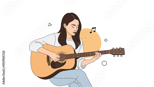 Young woman sitting and playing an acoustic guitar with musical notes and abstract shapes floating in the background.