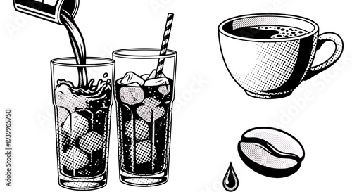 Black and white illustration of coffee and iced drinks