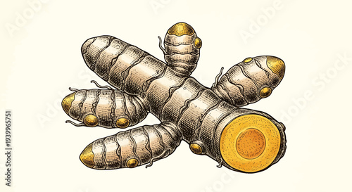 Hand drawn illustration of a fresh turmeric root
