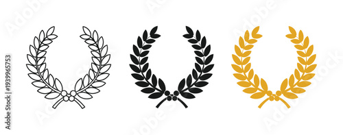 Vector of three laurel wreaths in black, white, and gold for award recognition