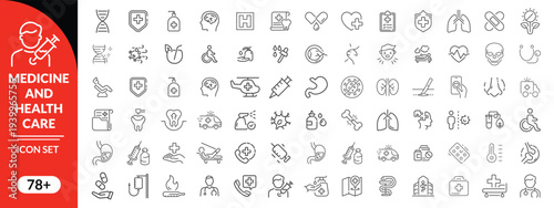 Medical and healthcare line icon set. Thin line vector symbols for hospital, doctor, and pharmacy. Includes telemedicine and vaccination icons