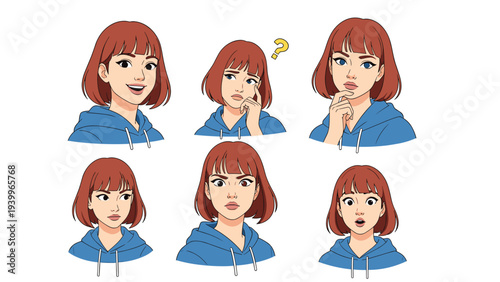 Set of diverse facial expressions for a female character including happy confused thinking neutral surprised and shocked in a blue hoodie.
