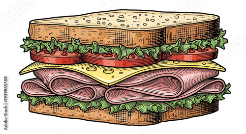 Hand drawn sandwich with ham cheese lettuce and tomato
