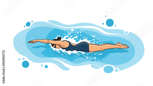 Athletic person performing a powerful butterfly stroke while swimming in blue water with splashing droplets and ripples.