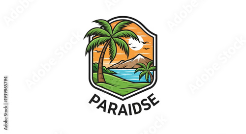 Tropical paradise logo with palm trees and serene landscape.