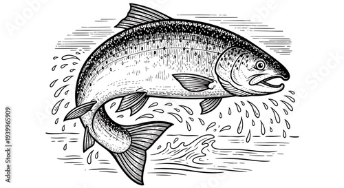 Vintage engraving illustration of a jumping salmon fish