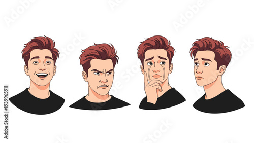 Set of four diverse facial expressions for a male character including happy angry crying and thoughtful emotions with reddish hair.