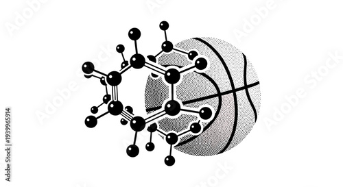 Conceptual illustration of a basketball merged with a chemical molecular structure