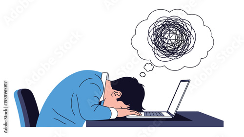 Tired and exhausted man sleeping on his laptop keyboard with a large thought bubble representing confusion and mental overload.