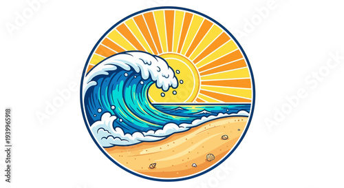 Vibrant Cartoon Wave Crashing on Sandy Beach with Sun.