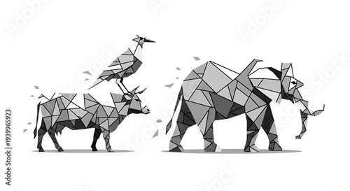 Low poly geometric illustration of an elephant, a cow and a bird