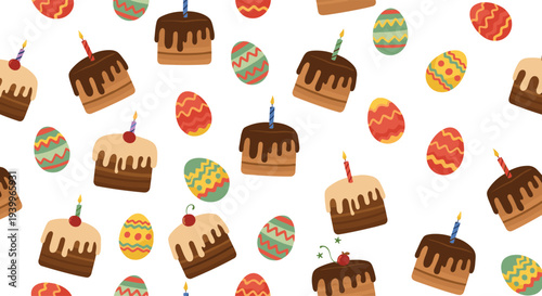 Seamless pattern of delicious chocolate easter cakes with lit candles and colorful decorated eggs on a clean white background.