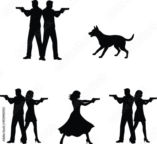 Black Silhouette Vector Collection of Secret Agents and Security Personnel with Handguns and Guard Dog for Action Movies, Thriller Posters, Protection, and Crime Graphics