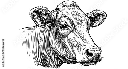 Hand drawn engraving style illustration of a cow head