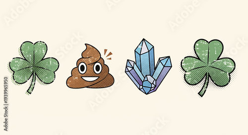Cute cartoon set with shamrocks, smiling poop emoji, and magical crystals