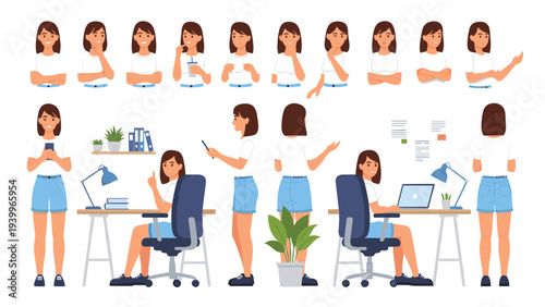 Comprehensive character sheet of a young woman featuring multiple poses facial expressions and workspace scenarios like working at a desk.