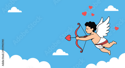 Little cupid character flying through a blue sky with white clouds while holding a bow and arrow with a heart shaped tip.