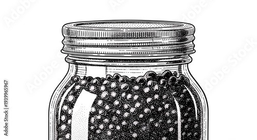 Vintage engraving illustration of a glass jar filled with black peppercorns