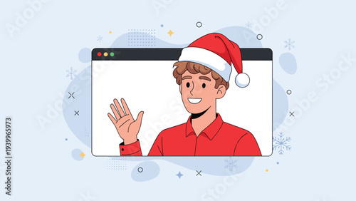 Friendly young man wearing a red Santa hat and shirt waving from a computer screen decorated with snowflakes for holiday video calls.