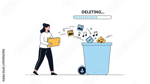 Young woman throwing digital files icons and music notes into a large trash can under a deleting progress bar representing data cleanup.