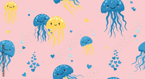 Cute seamless pattern of smiling blue and yellow jellyfish with tiny hearts and bubbles on a soft pink background for children.