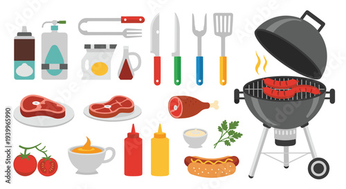 Large collection of barbecue party items including a grill with sausages meats cooking tools sauces and fresh vegetables for summer.