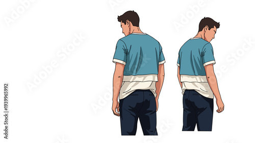 Back and three quarter side view of a young man wearing a casual blue and white t-shirt and dark trousers looking down.