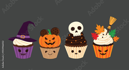 Set of four spooky halloween cupcakes decorated with witch hats pumpkins skulls and autumn leaves in a fun cartoon style for parties.