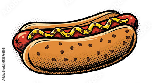 Hot dog with mustard in vintage engraving style