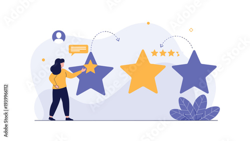 Young woman placing a small star on a large star symbol to illustrate a customer rating or feedback process on a website.