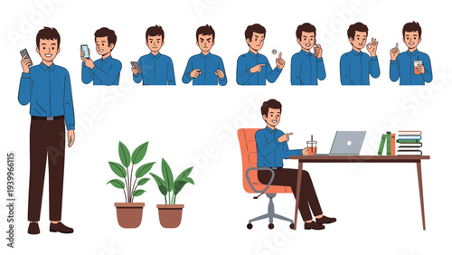 Male character in a blue shirt shown in different poses using a mobile phone, drinking coffee, and working at an office desk.