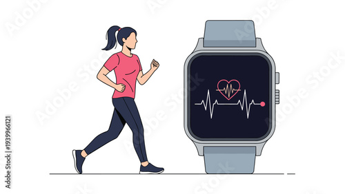 Woman jogging or running in athletic wear next to a giant smartwatch showing a heart rate monitor and pulse wave data.
