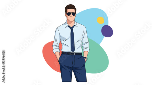 Stylish young man wearing a white shirt, blue tie, and sunglasses standing confidently against a colorful abstract background.