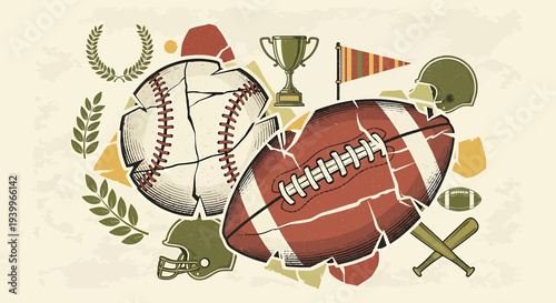 Vintage sports equipment collage with baseball and american football