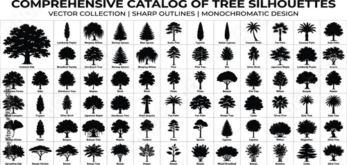 Catalog of diverse tree silhouettes displayed on a grid showcasing various species and shapes