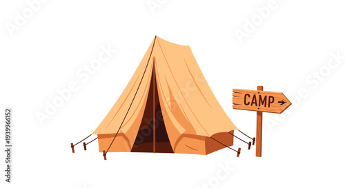 Simple illustration of a tan camping tent set up next to a wooden sign pointing towards a camp site on a clean white background.