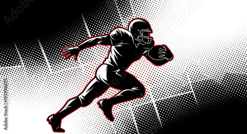 American football player running with ball halftone graphic illustration