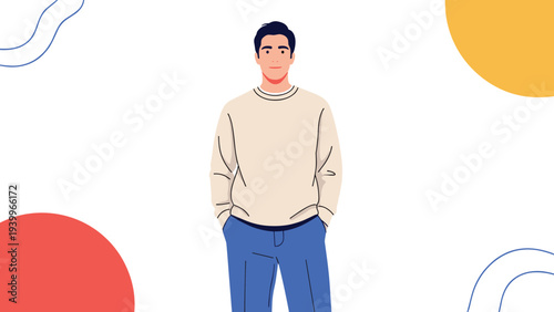 Young man wearing a beige sweater and blue trousers stands against a white background with abstract geometric shapes.
