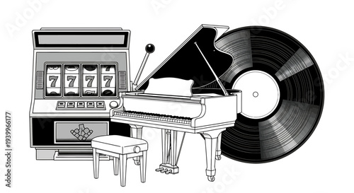 Black and white illustration of a slot machine, a grand piano, and a vinyl record
