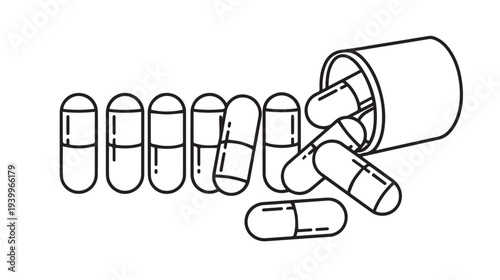 Pill Bottle Spilling Capsules Line Art Isolated on White Background