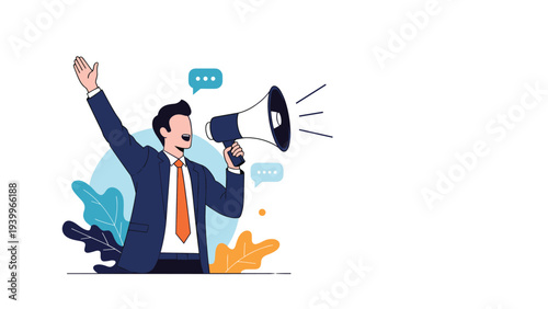 Businessman in a navy suit and orange tie shouts enthusiastically through a megaphone to make an important announcement.