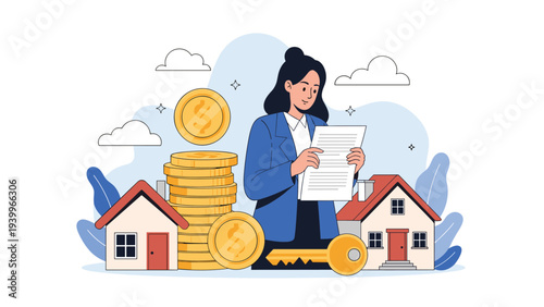 Businesswoman reviewing a document surrounded by houses, stacks of coins, and a key representing real estate investment.