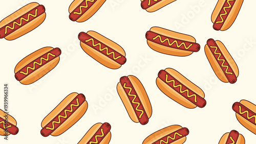 Seamless pattern of delicious looking hot dogs with mustard toppings repeated against a light yellow background.
